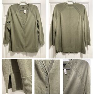 NWT Talbots Cardigan Relaxed Fit Button Front Slit Hem Olive Green Sz Large Pet